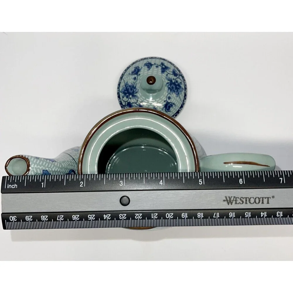 Vintage Bairuxue Art Ceramics Chinese Tea Set Blue Floral on Grey/Green-BOXED